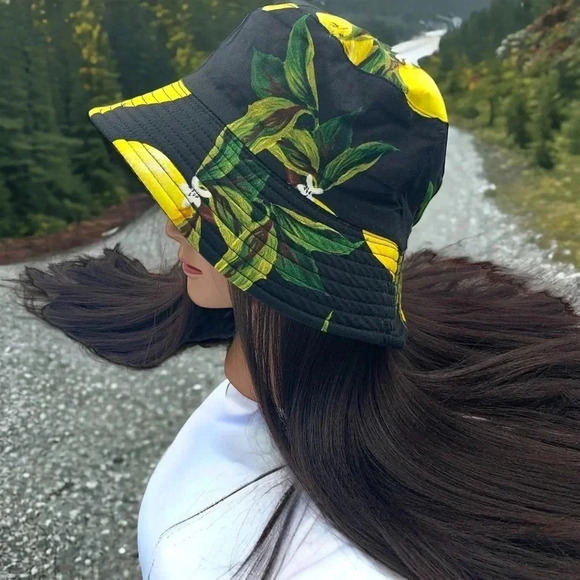 Hand Crafted Accessories - Boutique Black Lemon Print Fully Reversible Bucket Hat OSFM